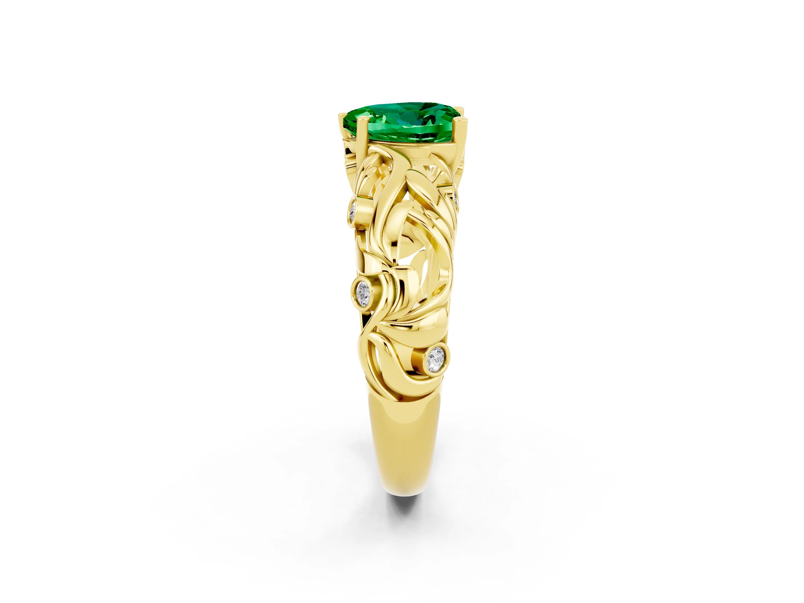 Yellow gold Heart Cut Solitaire Emerald Leaf-Inspired Vine Band Ring with Prong Setting_2
