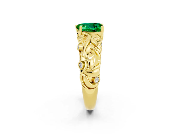 Yellow gold Heart Cut Solitaire Emerald Leaf-Inspired Vine Band Ring with Prong Setting