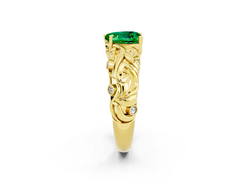 Yellow gold Heart Cut Solitaire Emerald Leaf-Inspired Vine Band Ring with Prong Setting_2