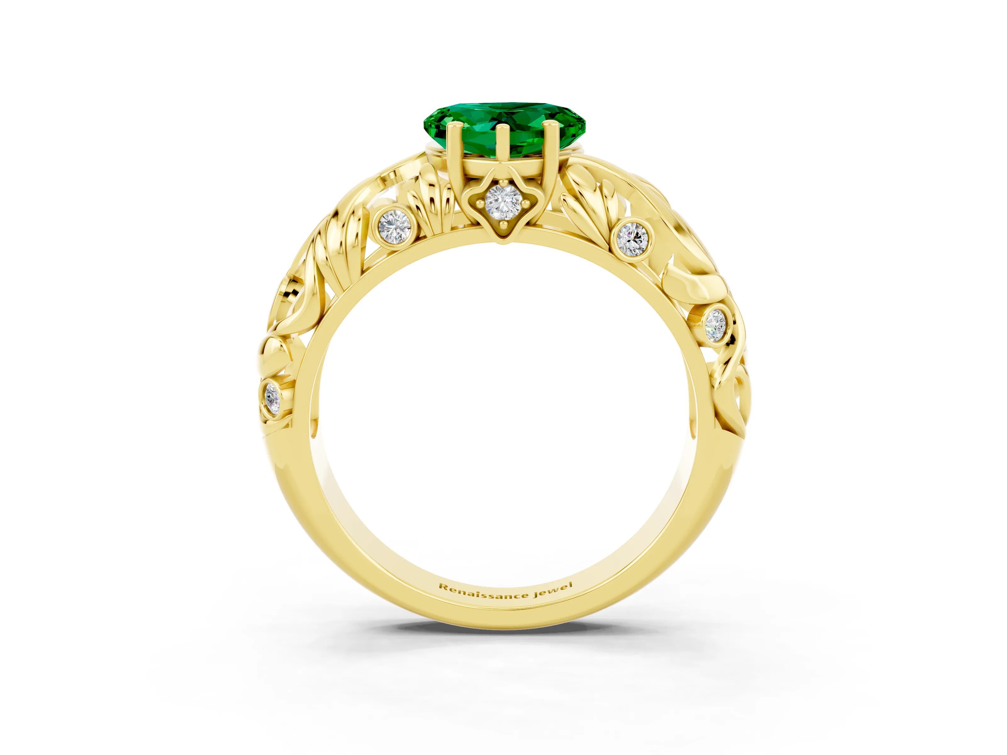 Yellow gold Heart Cut Solitaire Emerald Leaf-Inspired Vine Band Ring with Prong Setting_3