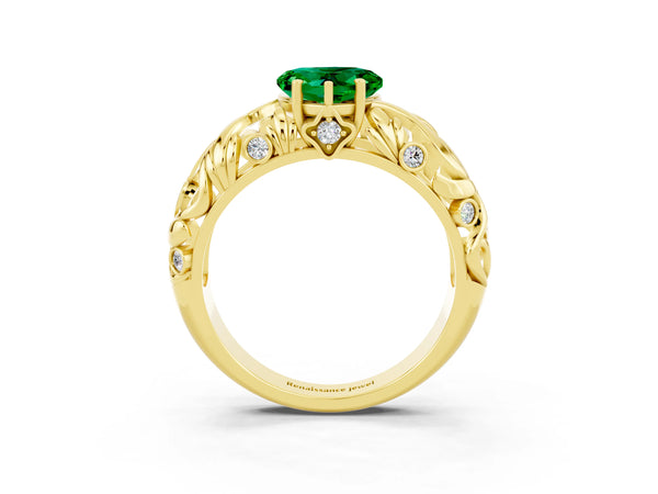 Yellow gold Heart Cut Solitaire Emerald Leaf-Inspired Vine Band Ring with Prong Setting