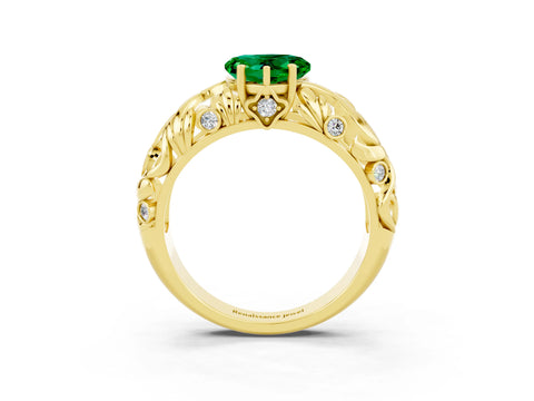 Yellow gold Heart Cut Solitaire Emerald Leaf-Inspired Vine Band Ring with Prong Setting_3