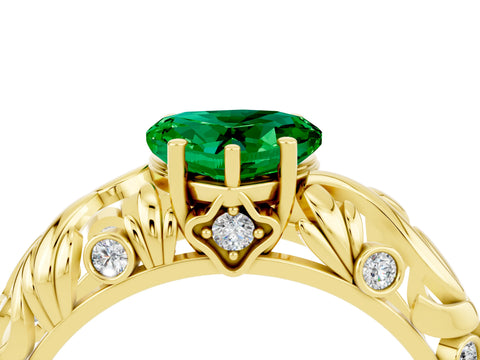 Yellow gold Heart Cut Solitaire Emerald Leaf-Inspired Vine Band Ring with Prong Setting_4