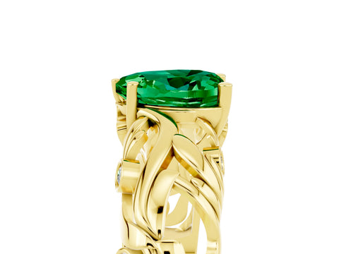 Yellow gold Heart Cut Solitaire Emerald Leaf-Inspired Vine Band Ring with Prong Setting_5