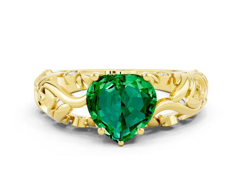 Yellow gold Heart Cut Solitaire Emerald Leaf-Inspired Vine Band Ring with Prong Setting