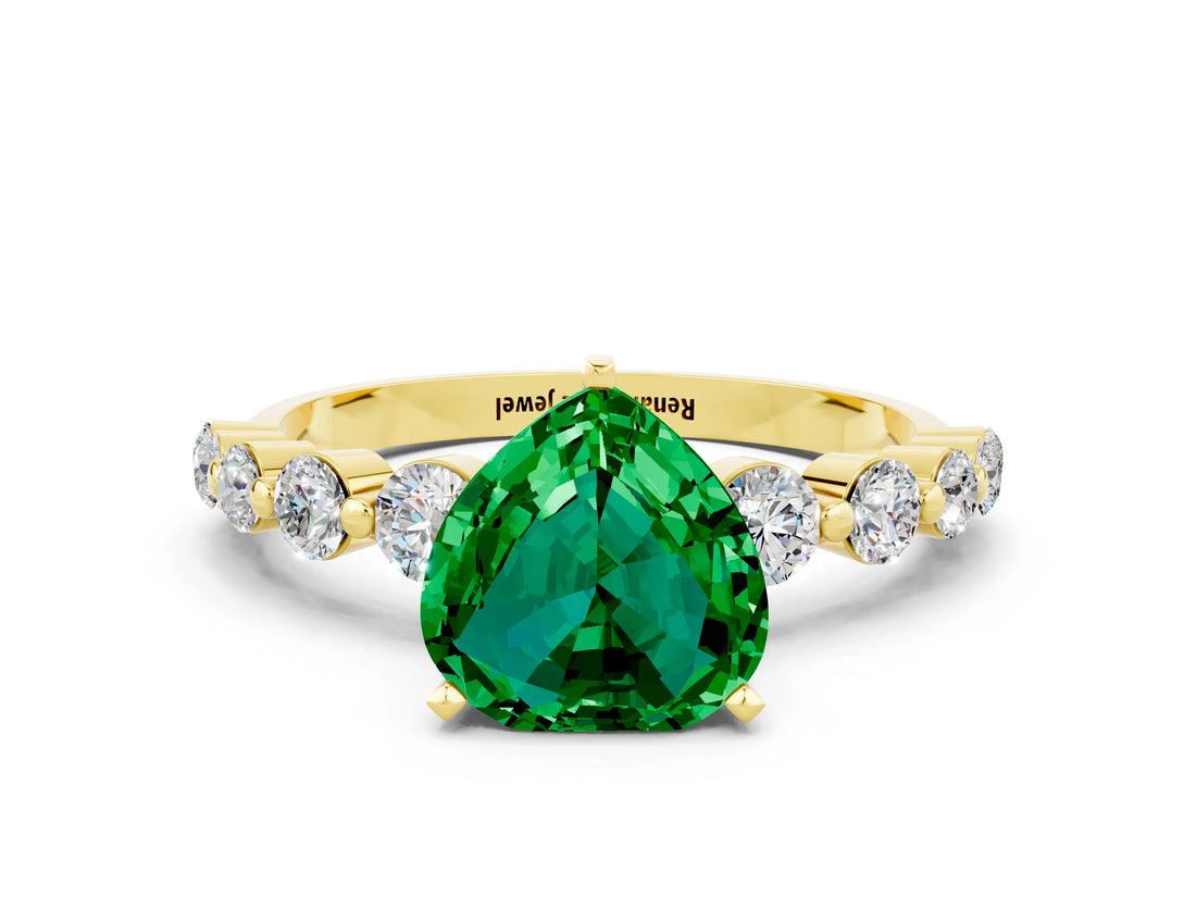 Yellow gold Heart Cut Solitaire Emerald Ring with Pave Band and Four-Prong Setting