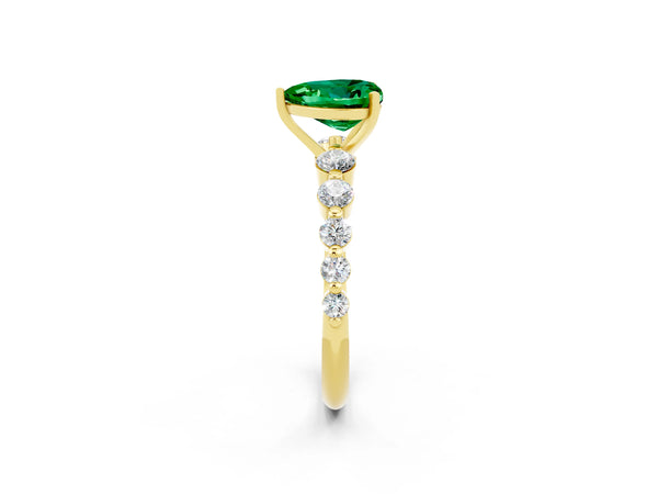 Yellow gold Heart Cut Solitaire Emerald Ring with Pave Band and Four-Prong Setting