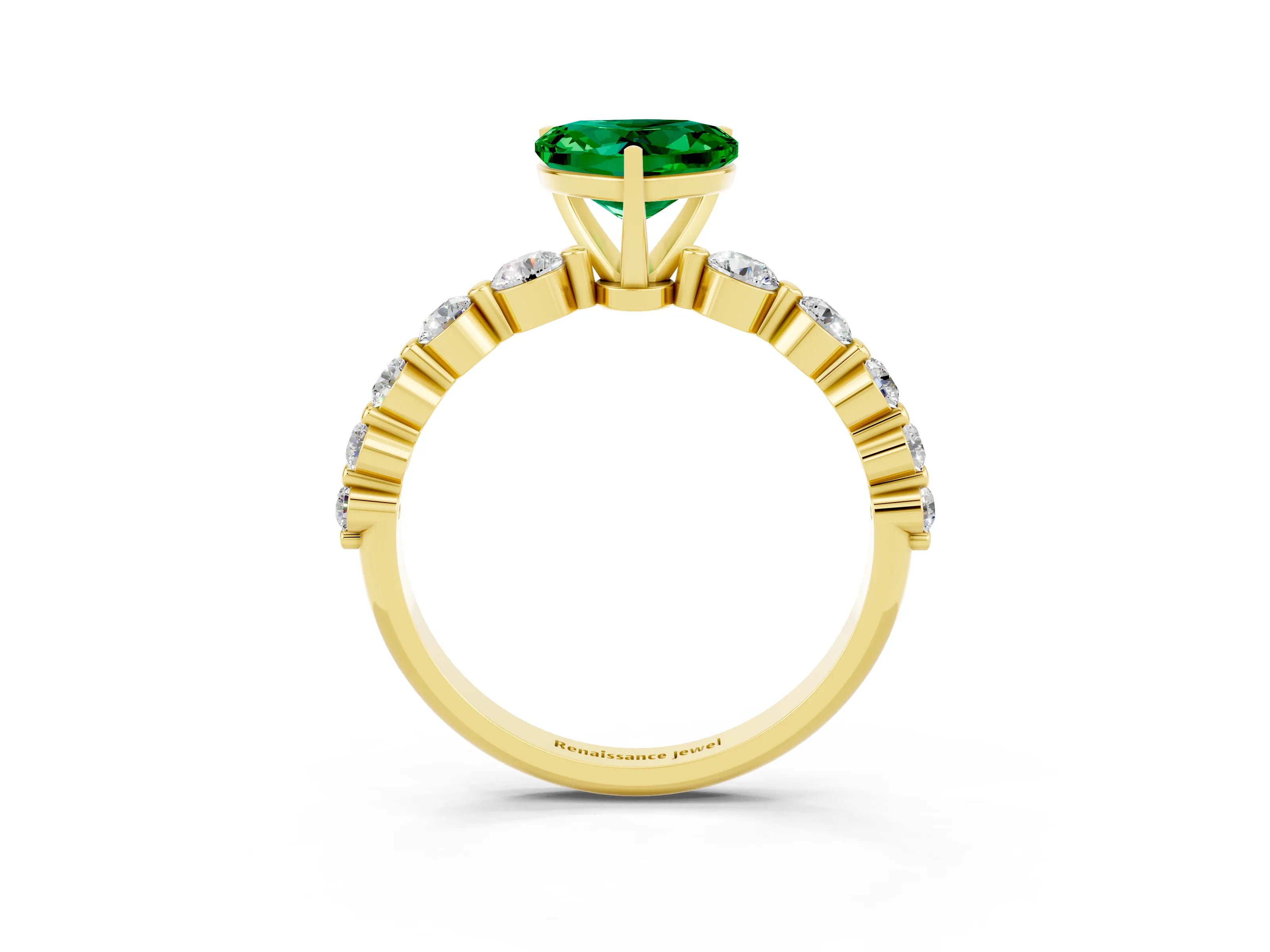 Yellow gold Heart Cut Solitaire Emerald Ring with Pave Band and Four-Prong Setting_3
