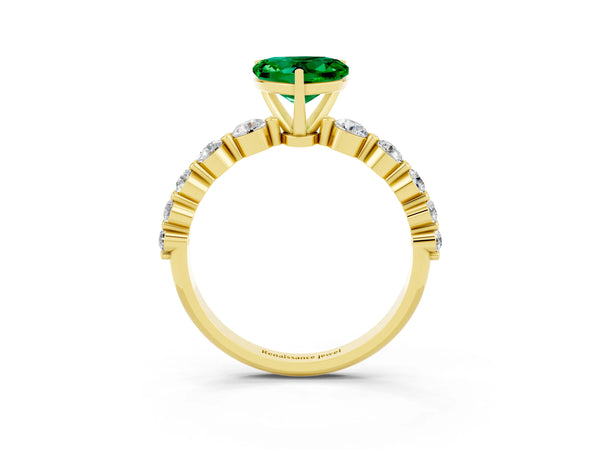 Yellow gold Heart Cut Solitaire Emerald Ring with Pave Band and Four-Prong Setting