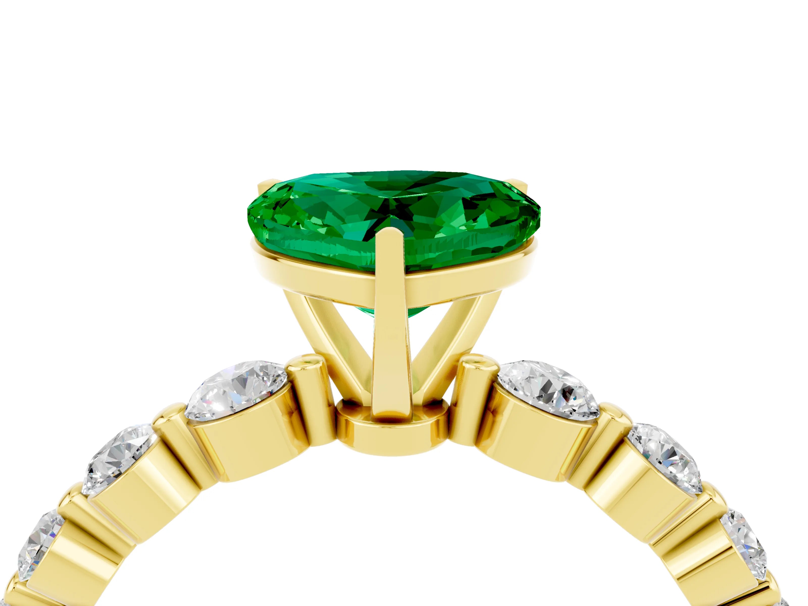 Yellow gold Heart Cut Solitaire Emerald Ring with Pave Band and Four-Prong Setting_4