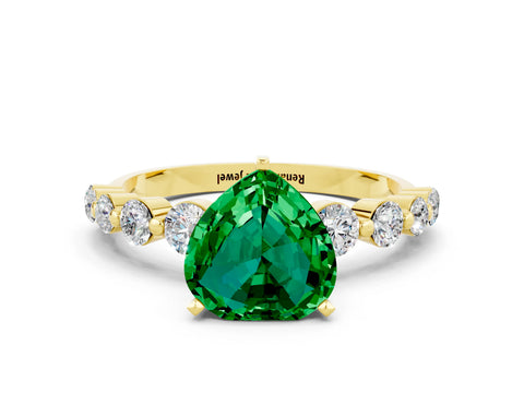 Yellow gold Heart Cut Solitaire Emerald Ring with Pave Band and Four-Prong Setting