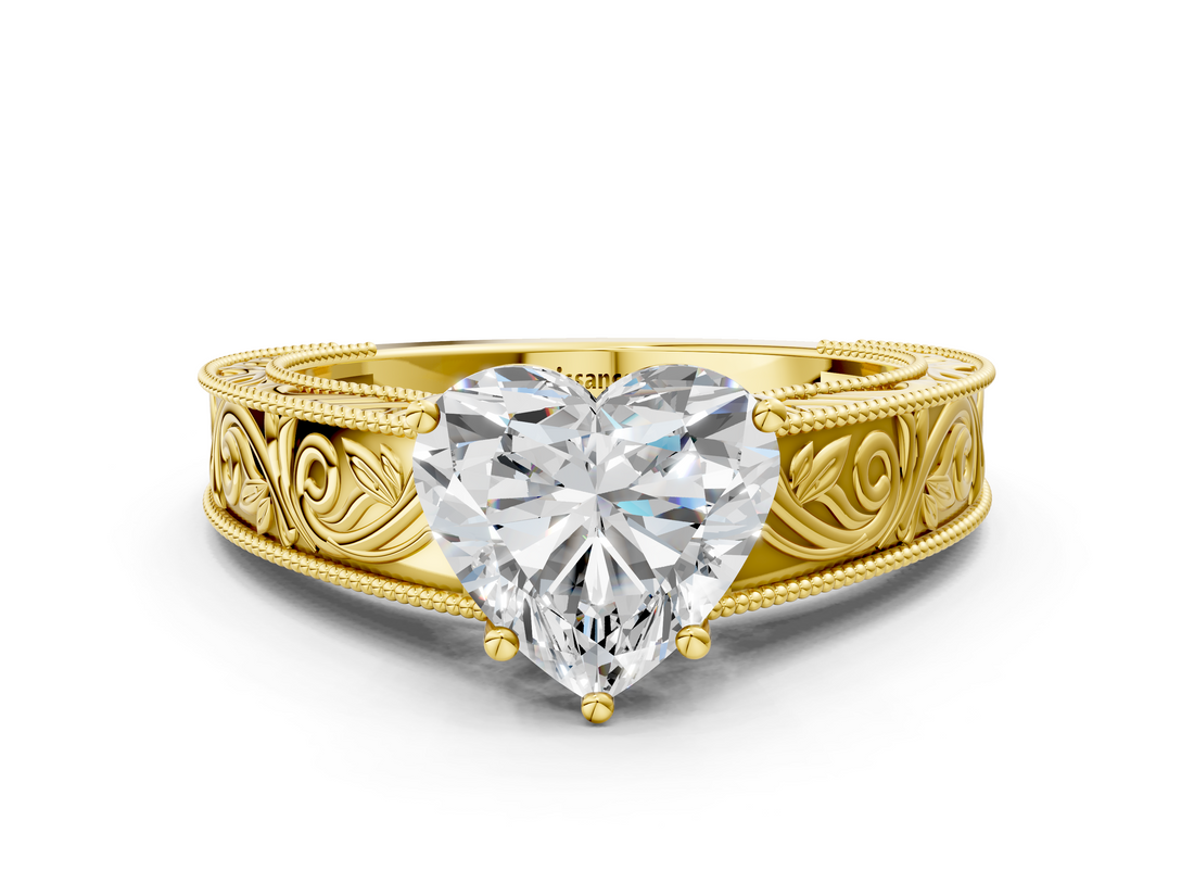 Yellow gold Heart Cut Solitaire Engraved Band with Four-Prong Setting_71