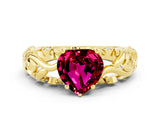 Yellow gold Heart Cut Solitaire Garnet Leaf-Inspired Vine Band Ring with Prong Setting