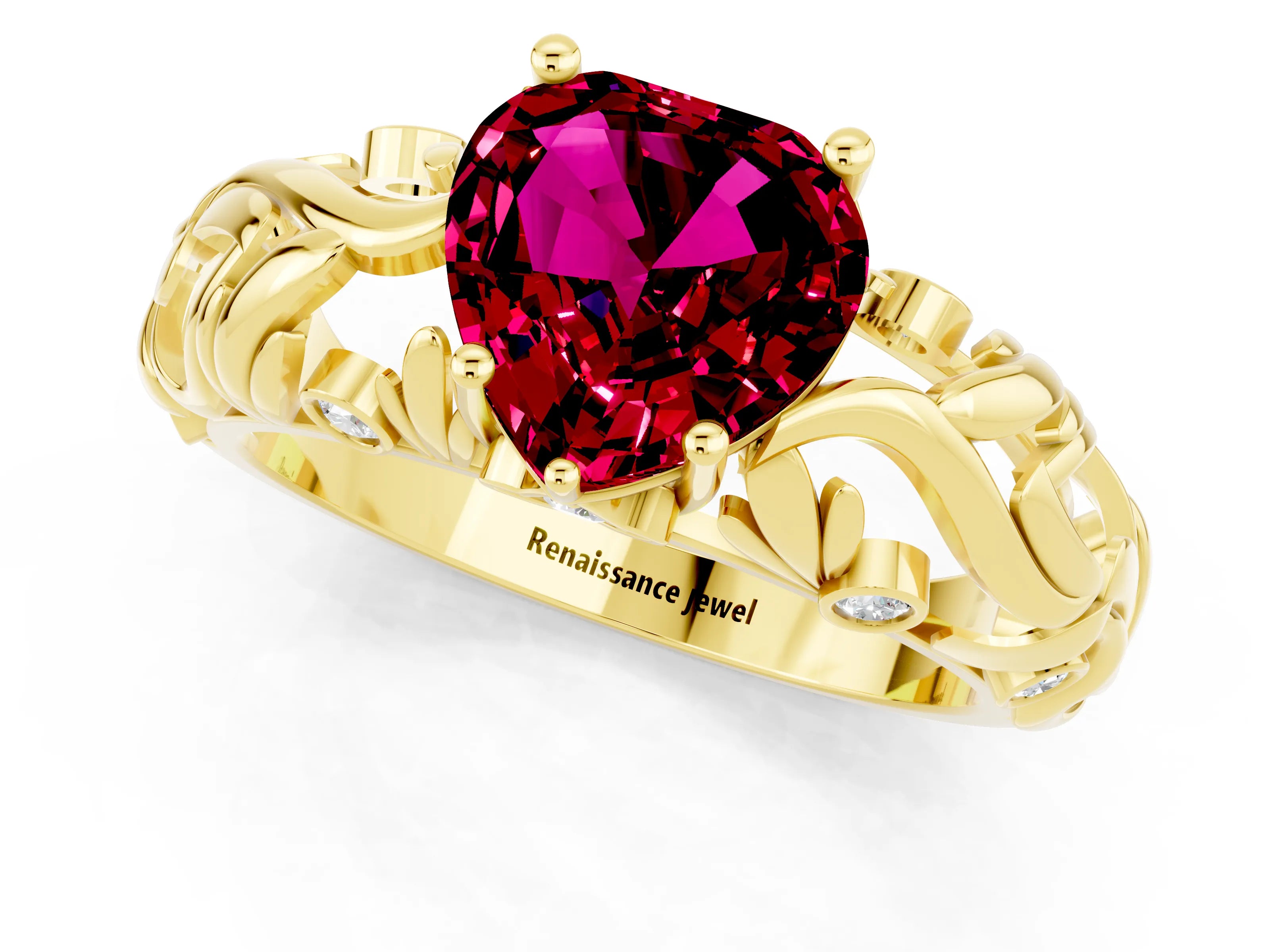Yellow gold Heart Cut Solitaire Garnet Leaf-Inspired Vine Band Ring with Prong Setting_1