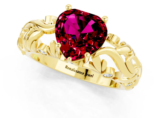 Yellow gold Heart Cut Solitaire Garnet Leaf-Inspired Vine Band Ring with Prong Setting