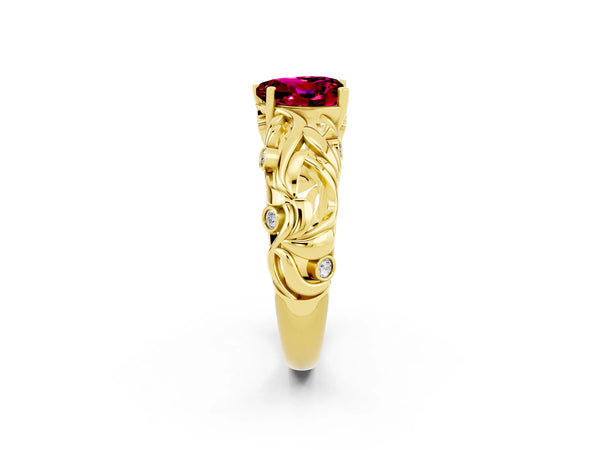 Yellow gold Heart Cut Solitaire Garnet Leaf-Inspired Vine Band Ring with Prong Setting
