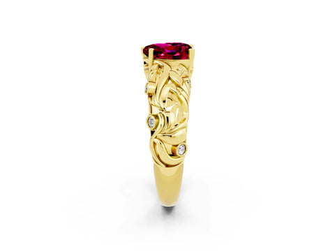 Yellow gold Heart Cut Solitaire Garnet Leaf-Inspired Vine Band Ring with Prong Setting_2