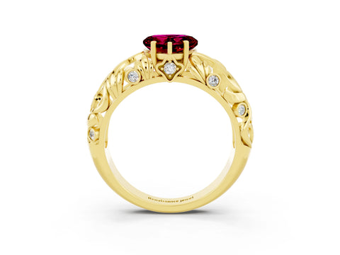 Yellow gold Heart Cut Solitaire Garnet Leaf-Inspired Vine Band Ring with Prong Setting_3