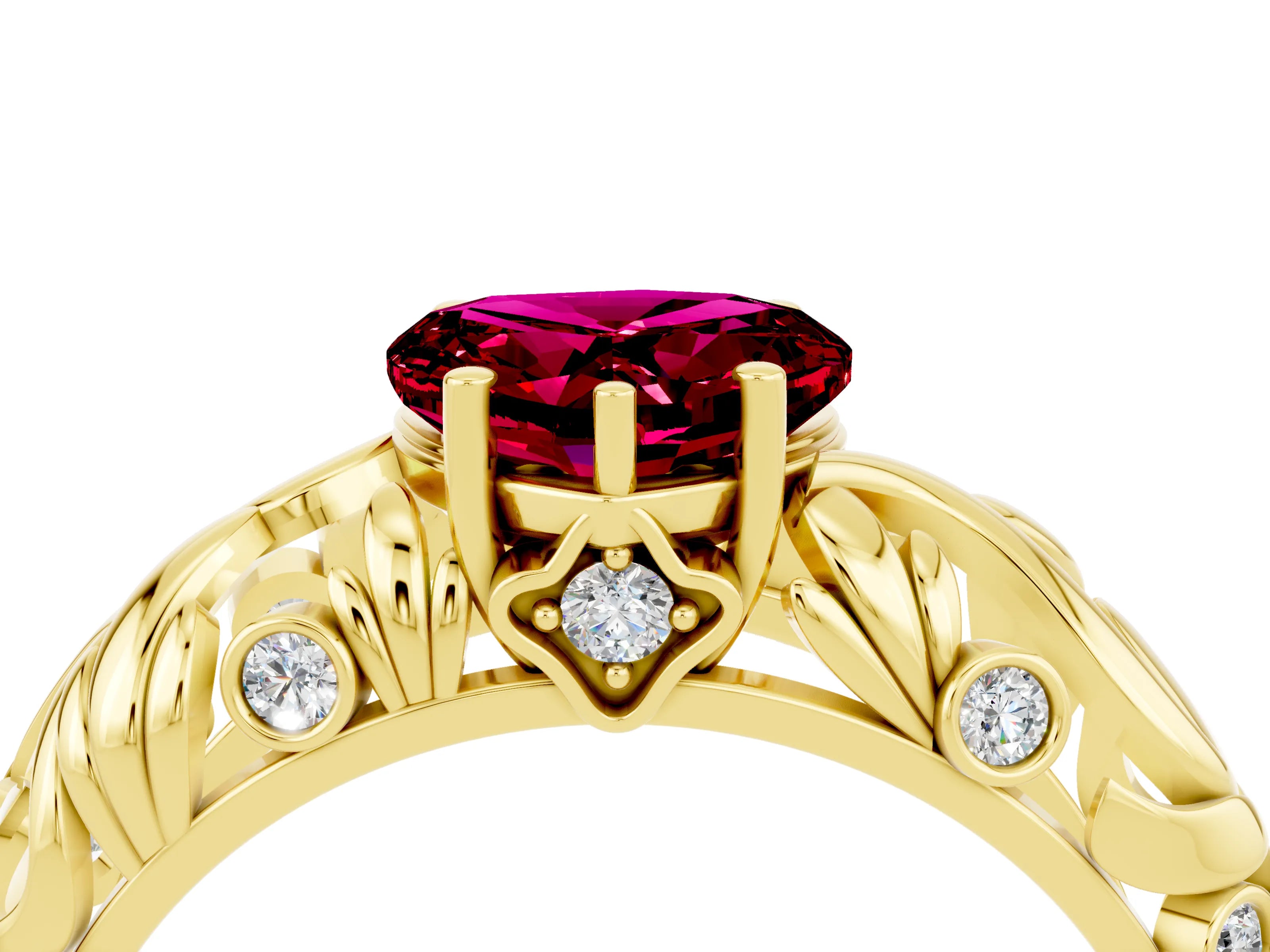 Yellow gold Heart Cut Solitaire Garnet Leaf-Inspired Vine Band Ring with Prong Setting_4