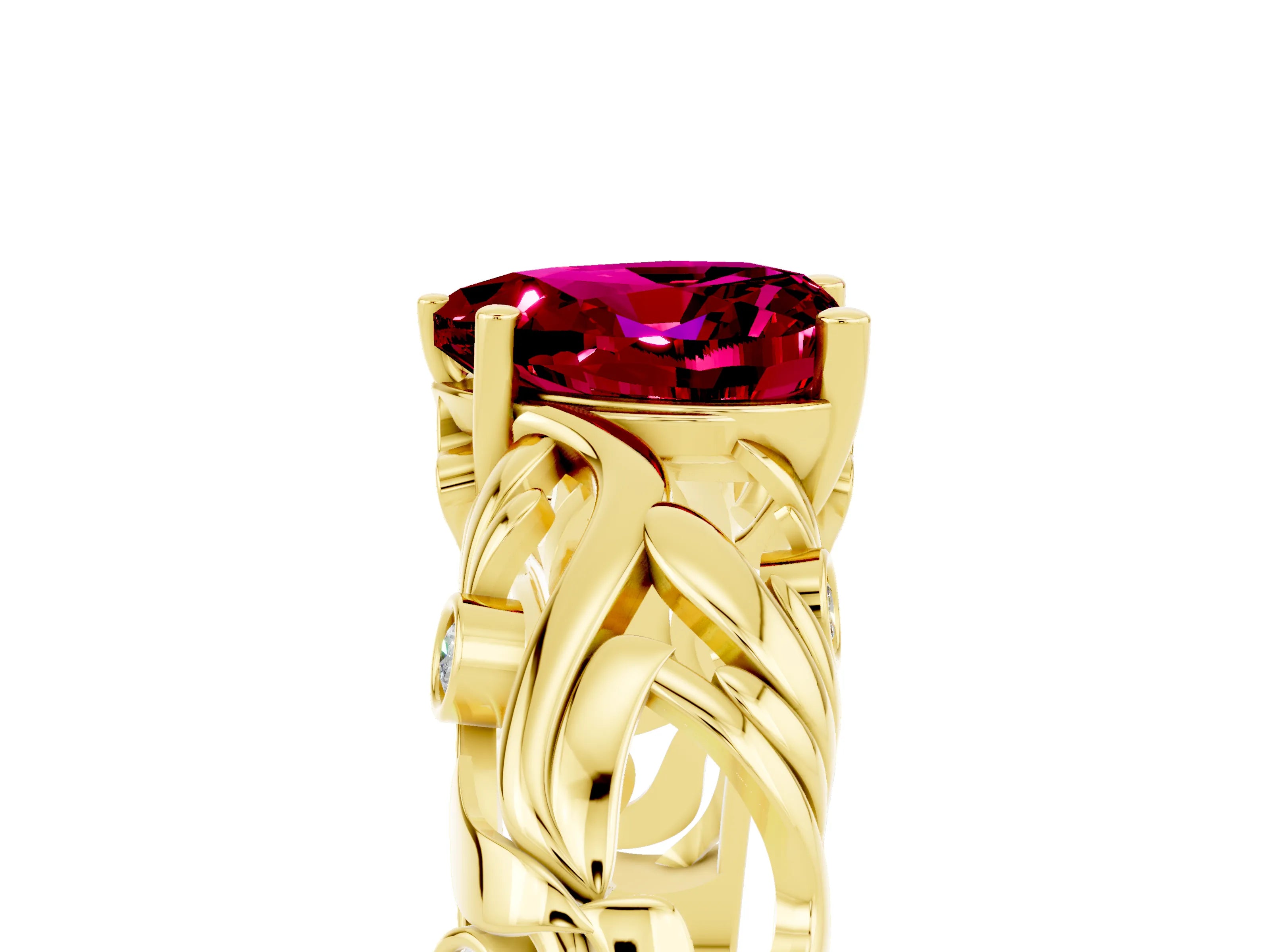 Yellow gold Heart Cut Solitaire Garnet Leaf-Inspired Vine Band Ring with Prong Setting_5