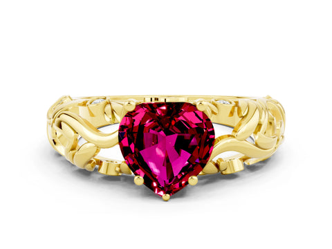 Yellow gold Heart Cut Solitaire Garnet Leaf-Inspired Vine Band Ring with Prong Setting