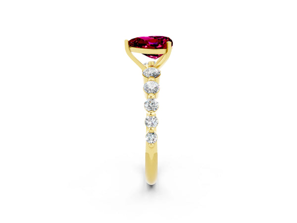 Yellow gold Heart Cut Solitaire Garnet Ring with Pave Band and Four-Prong Setting