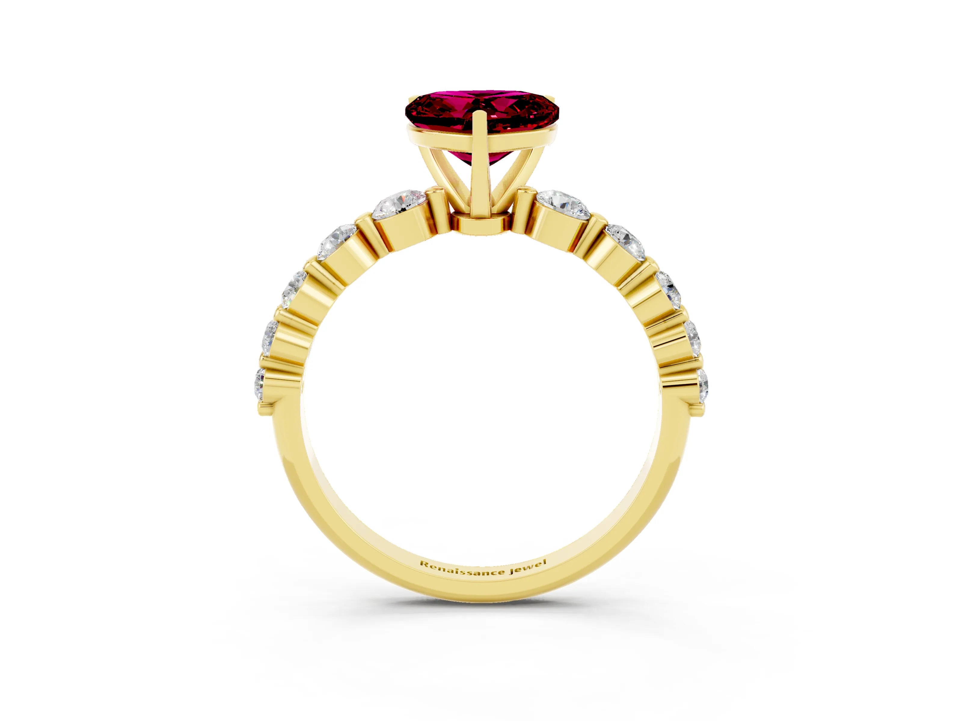 Yellow gold Heart Cut Solitaire Garnet Ring with Pave Band and Four-Prong Setting_3