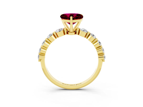 Yellow gold Heart Cut Solitaire Garnet Ring with Pave Band and Four-Prong Setting