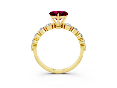 Yellow gold Heart Cut Solitaire Garnet Ring with Pave Band and Four-Prong Setting_3
