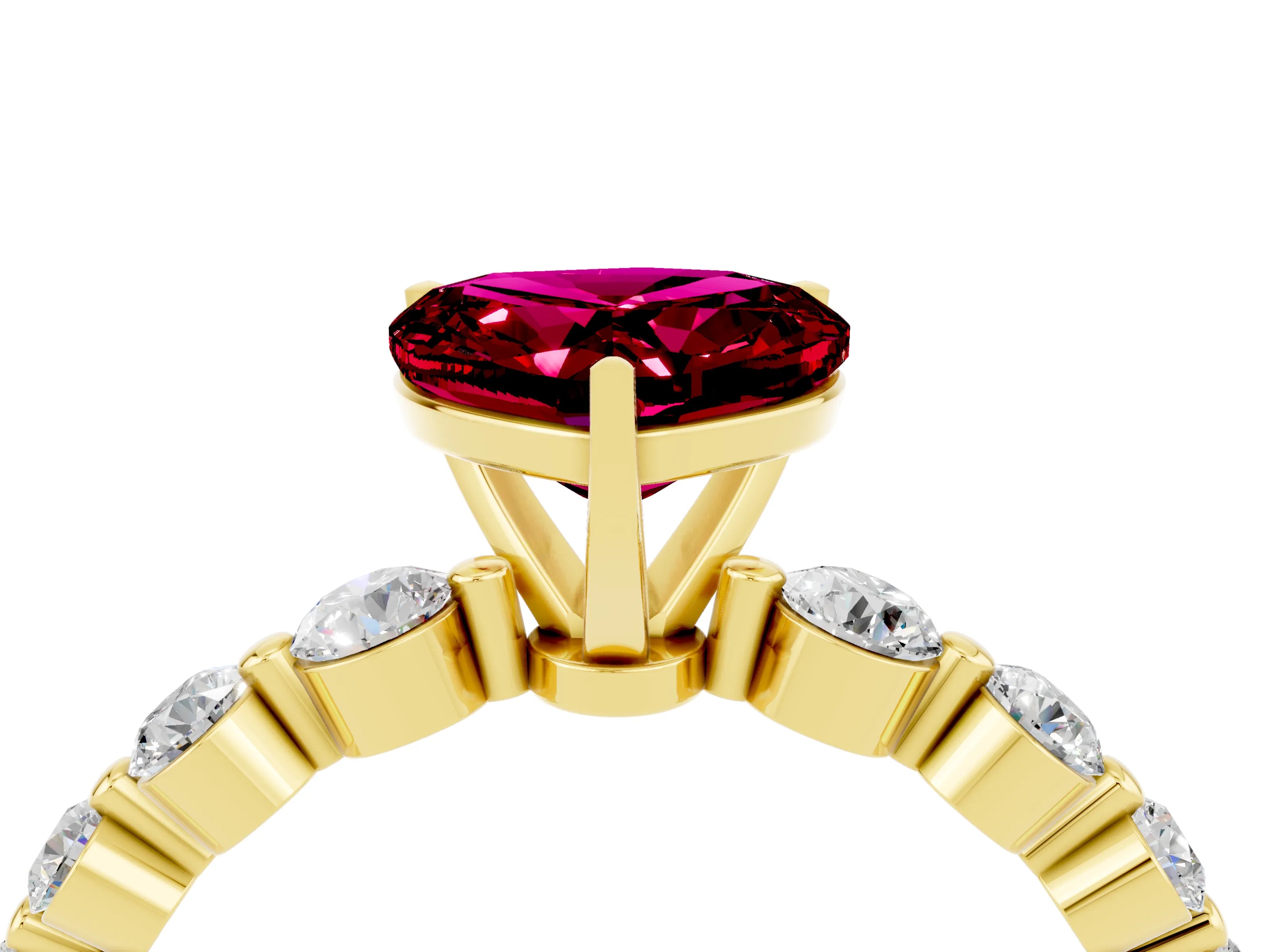 Yellow gold Heart Cut Solitaire Garnet Ring with Pave Band and Four-Prong Setting_4