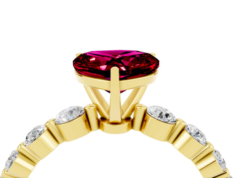 Yellow gold Heart Cut Solitaire Garnet Ring with Pave Band and Four-Prong Setting_4