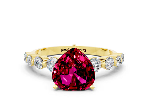 Yellow gold Heart Cut Solitaire Garnet Ring with Pave Band and Four-Prong Setting