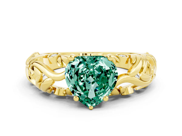 Yellow gold Heart Cut Solitaire Green Sapphire Leaf-Inspired Vine Band Ring with Prong Setting