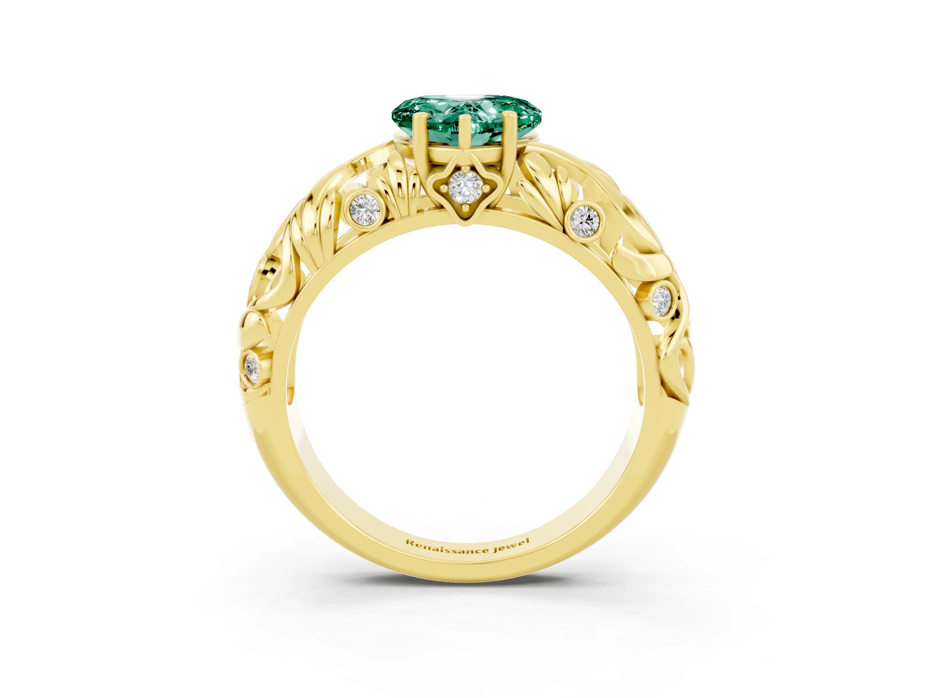 Yellow gold Heart Cut Solitaire Green Sapphire Leaf-Inspired Vine Band Ring with Prong Setting_3