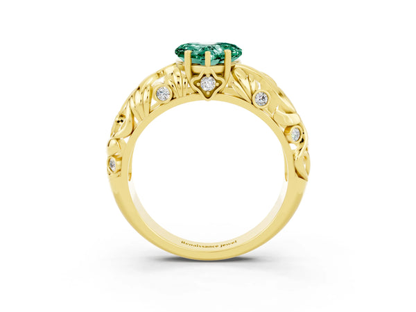 Yellow gold Heart Cut Solitaire Green Sapphire Leaf-Inspired Vine Band Ring with Prong Setting