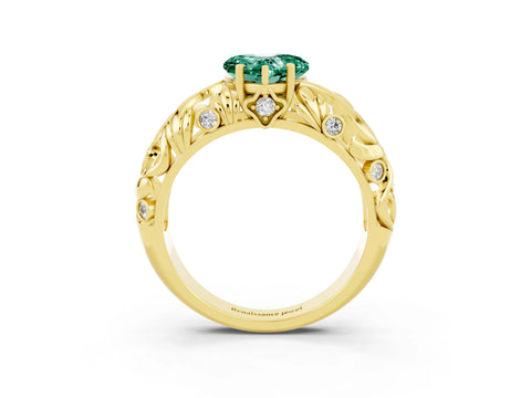 Yellow gold Heart Cut Solitaire Green Sapphire Leaf-Inspired Vine Band Ring with Prong Setting_3