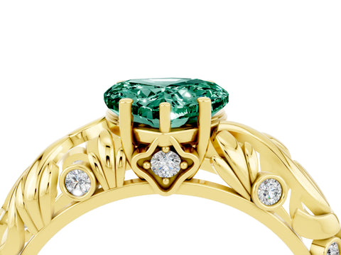 Yellow gold Heart Cut Solitaire Green Sapphire Leaf-Inspired Vine Band Ring with Prong Setting_4