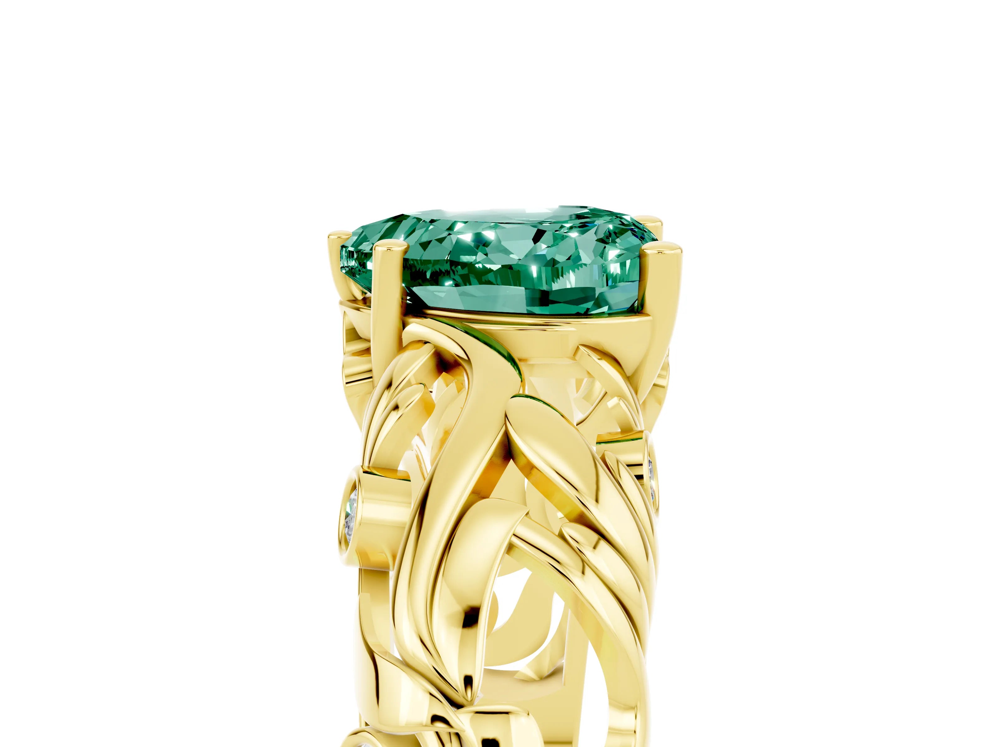 Yellow gold Heart Cut Solitaire Green Sapphire Leaf-Inspired Vine Band Ring with Prong Setting_5