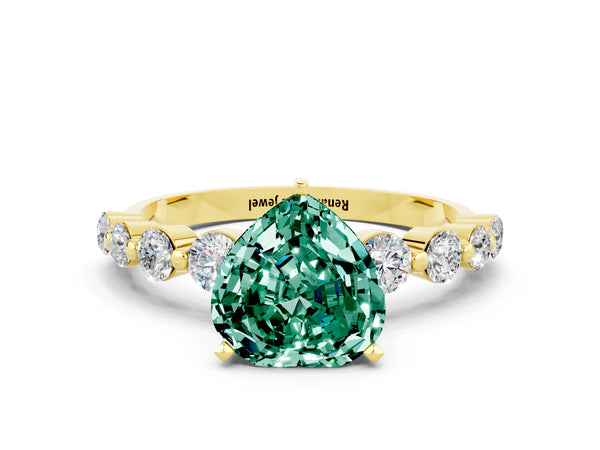 Yellow gold Heart Cut Solitaire Green Sapphire Ring with Pave Band and Four-Prong Setting