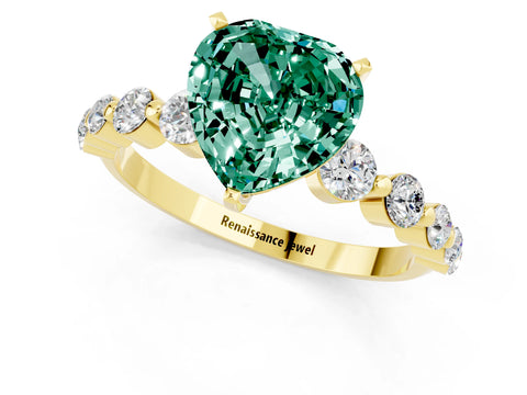 Yellow gold Heart Cut Solitaire Green Sapphire Ring with Pave Band and Four-Prong Setting_1