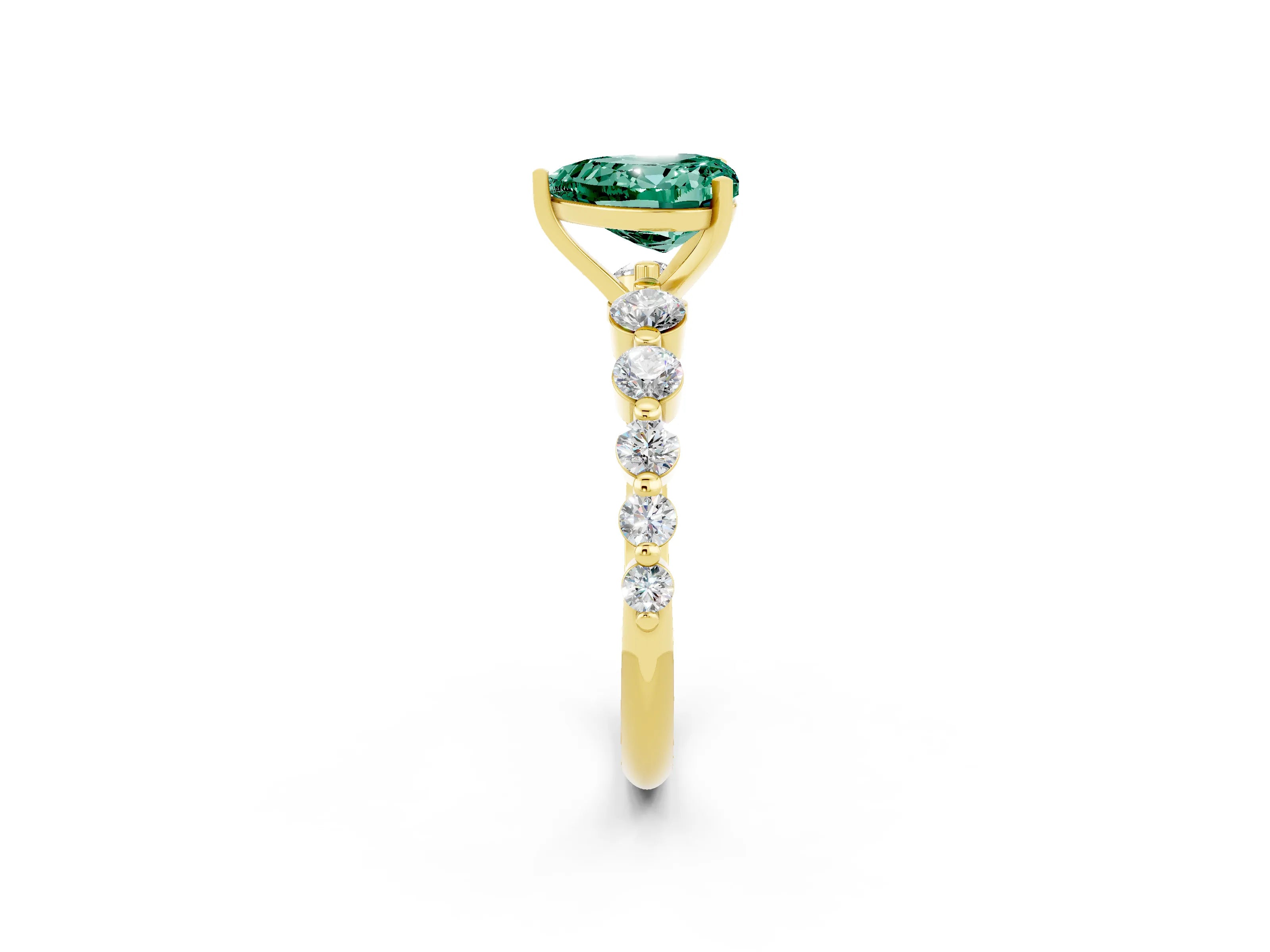 Yellow gold Heart Cut Solitaire Green Sapphire Ring with Pave Band and Four-Prong Setting_2