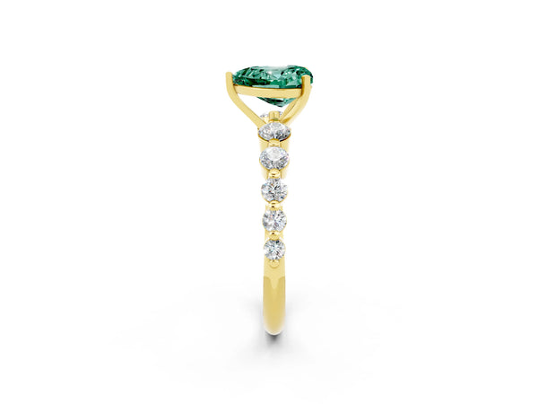 Yellow gold Heart Cut Solitaire Green Sapphire Ring with Pave Band and Four-Prong Setting