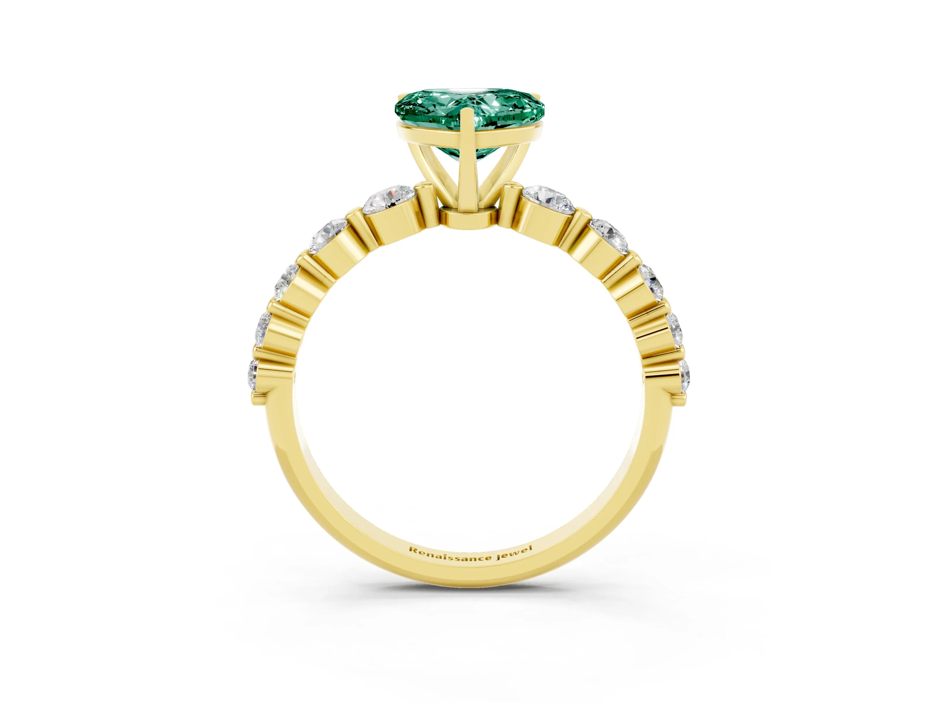 Yellow gold Heart Cut Solitaire Green Sapphire Ring with Pave Band and Four-Prong Setting_3