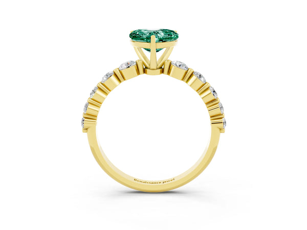 Yellow gold Heart Cut Solitaire Green Sapphire Ring with Pave Band and Four-Prong Setting