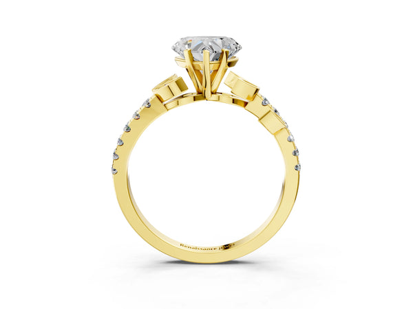 Yellow gold Heart Cut Solitaire Leaf-Inspired Diamond Ring with Pavé Band and Four-Prong Setting