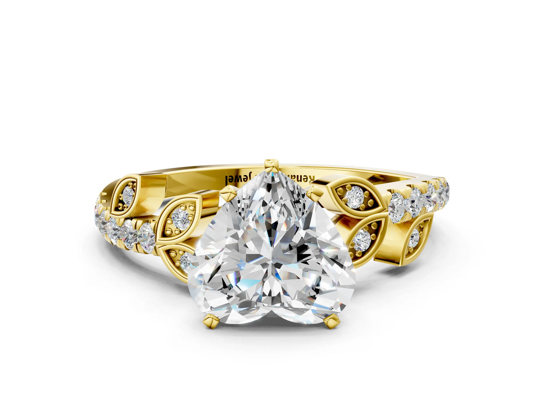Yellow gold Heart Cut Solitaire Leaf-Inspired Diamond Ring with Pavé Band and Four-Prong Setting_8