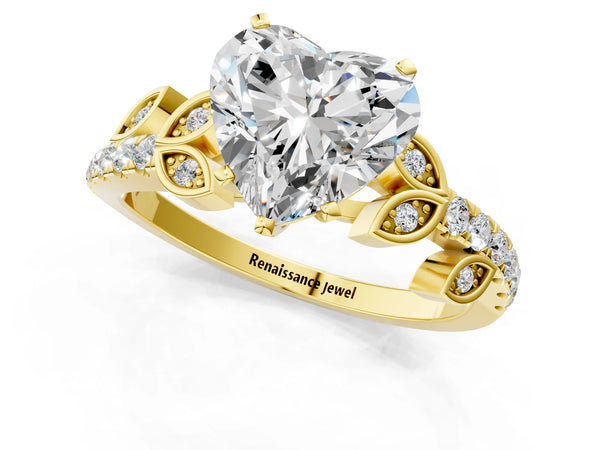 Yellow gold Heart Cut Solitaire Leaf-Inspired Diamond Ring with Pavé Band and Four-Prong Setting