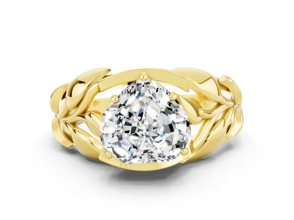 Yellow gold Heart Cut Moissanite Leaf-Inspired Engagement Ring with Round Accents and Prong Setting