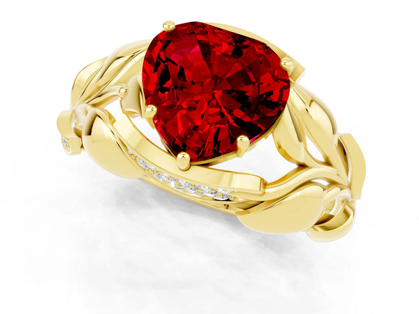 Yellow gold Heart Cut Ruby Leaf-Inspired Engagement Ring with Round Accents and Prong Setting