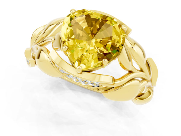 Yellow gold Heart Cut Yellow Sapphire Leaf-Inspired Engagement Ring with Round Accents and Prong Setting
